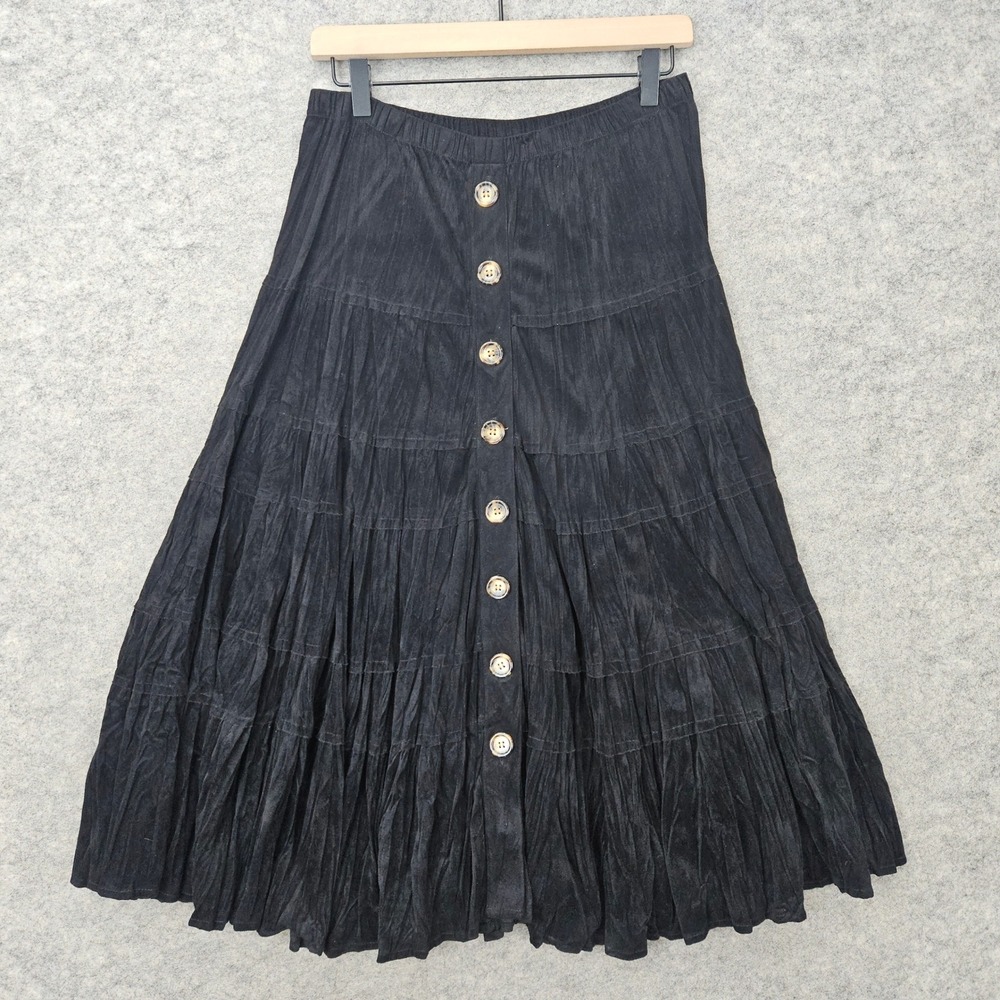 Coldwater Creek Tiered Skirt Women Petite XS Black Micro Suede Feel Crinkle Maxi